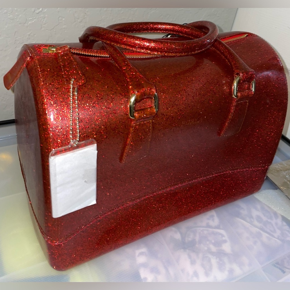FURLA JELLY GLITTER CANDY RED HANDBAG SATCHEL BAG PURSE 12” x 8” RARE GOTHIC HTF - Picture 3 of 10